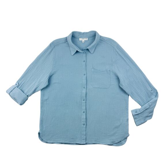 Anne Klein Gauze Shirt Button Front XL Dusty Blue Longsleeve Roll Tab - Picture 3 of 10